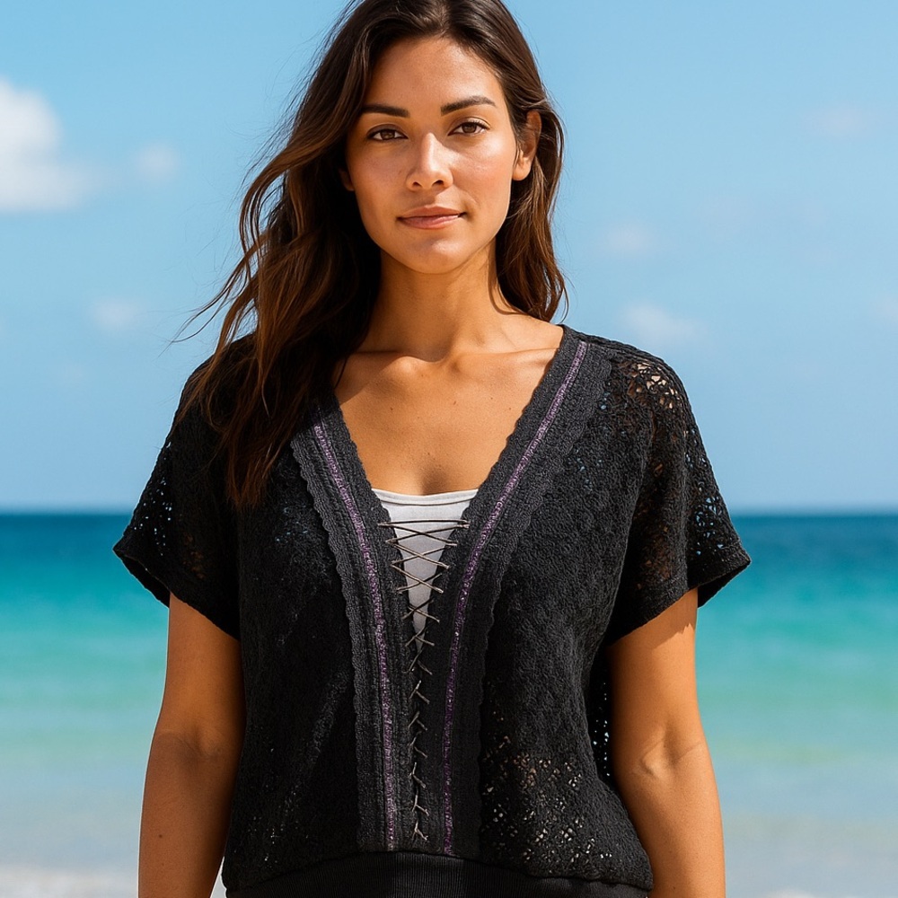 Free People Black Crochet Lace Top Medium Boho Festival Beachwear